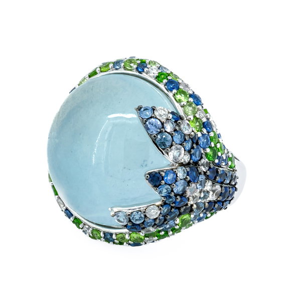 Closeup photo of 14K WHITE GOLD DIAMOND, SHADED TSAVORITE AND SHADED SAPPHIRE RING