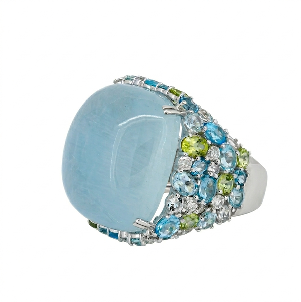 Closeup photo of 14K WHITE GOLD DIAMOND, MULTICOLOR GEM STONES AND MILKY AQUAMARINE RING