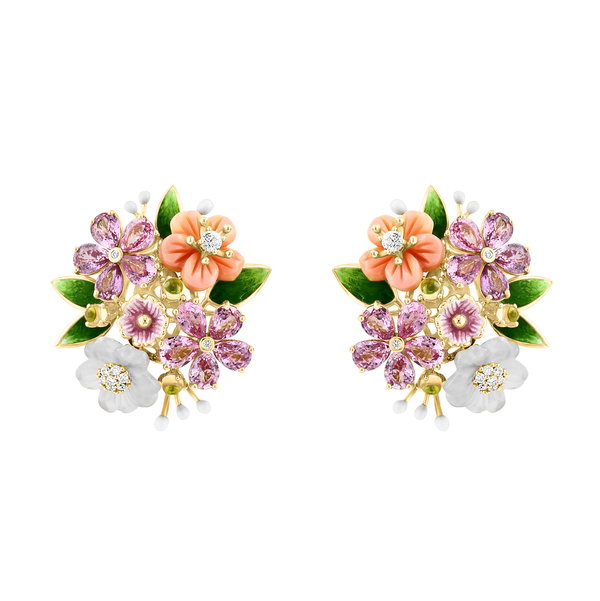 Closeup photo of 14K YELLOW GOLD DIAMOND, ROSE QUARTZ, MULTICOLOR SAPPHIRE, AND PINK MOTHER OF PEARL FLOWER ENAMEL EARRING