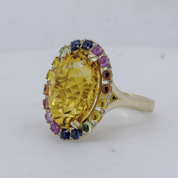 Closeup photo of 14K YELLOW GOLD DIAMOND, TSAVORITE, MULTICOLOR SAPPHIRE AND CITRINE RING