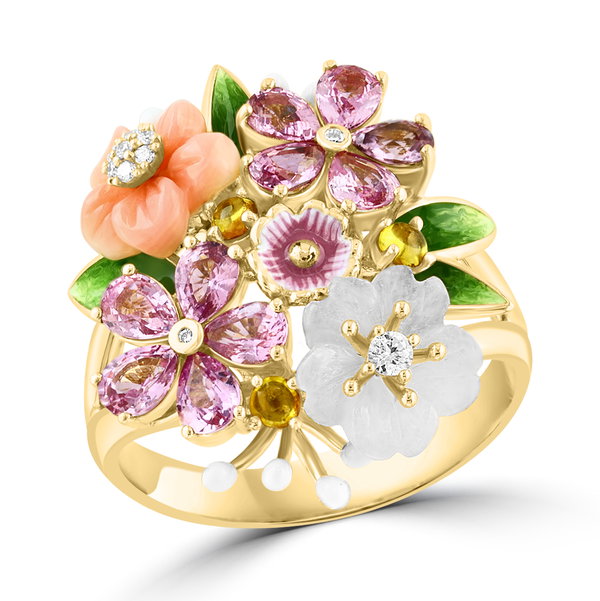 Closeup photo of 14K YELLOW GOLD DIAMOND, ROSE QUARTZ, MULTICOLOR SAPPHIRE, AND PINK MOTHER OF PEARL FLOWER ENAMEL RING