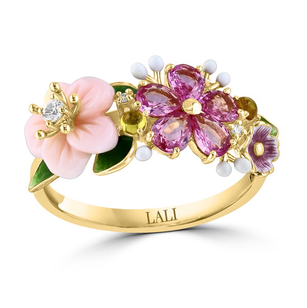 Closeup photo of 14K YELLOW GOLD DIAMOND, MULTICOLOR SAPPHIRE, AND PINK MOTHER OF PEARL FLOWER ENAMEL RING