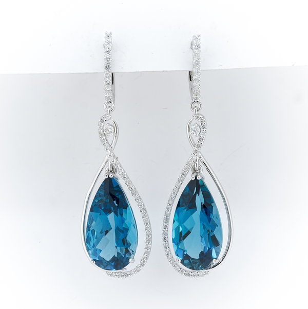 Closeup photo of 14K WHITE GOLD DIAMOND AND LONDON BLUE TOPAZ EARRING