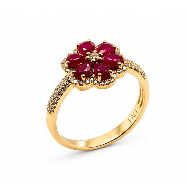 Closeup photo of 14K YELLOW GOLD DIAMOND AND RUBY FLOWER RING