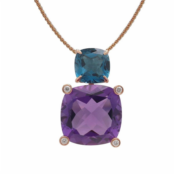 Closeup photo of 14K ROSE GOLD DIAMOND, LONDON BLUE TOPAZ AND AMETHYST PENDANT WITH CHAIN