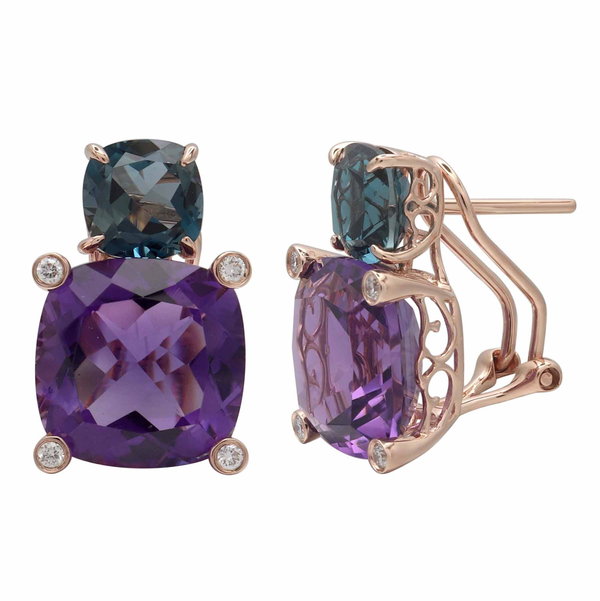 Closeup photo of 14K ROSE GOLD DIAMOND, LONDON BLUE TOPAZ, AND AMETHYST EARRING