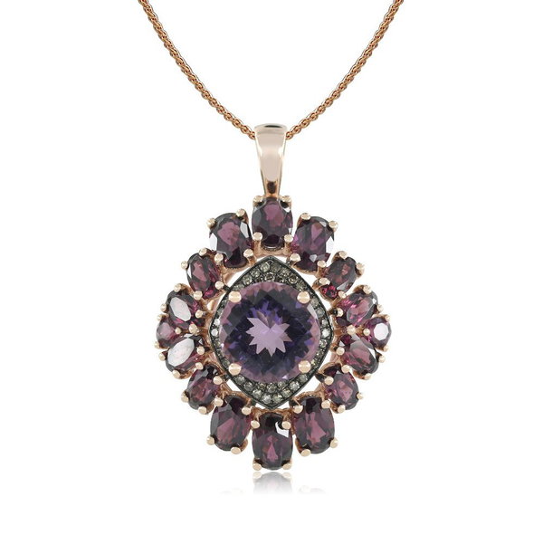 Closeup photo of 14K ROSE GOLD BROWN DIAMOND, RHODOLITE, AND AMETHYST PENDANT WITH CHAIN