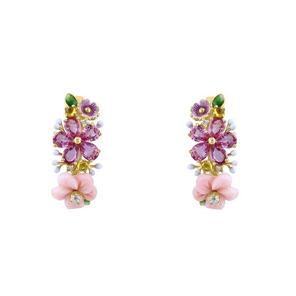 Closeup photo of 14K YELLOW GOLD DIAMOND, MULTICOLOR SAPPHIRE, AND PINK MOTHER OF PEARL FLOWER ENAMEL EARRING