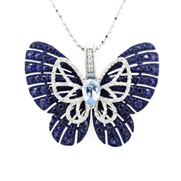 Closeup photo of 14K WHITE GOLD DIAMOND, SAPPHIRE AND SWISS BLUE TOPAZ BUTTERFLY PENDANT WITH CHAIN