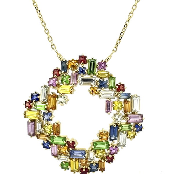 Closeup photo of 14K YELLOW GOLD TSAVORITE AND MULTICOLOR SAPPHIRE NECKLACE