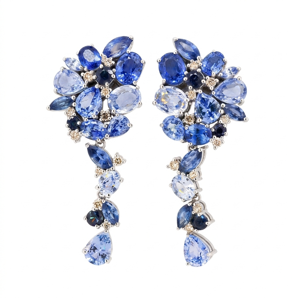 Closeup photo of 14K WHITE GOLD DIAMOND AND MULTI COLOR BLUE SAPPHIRE EARRING