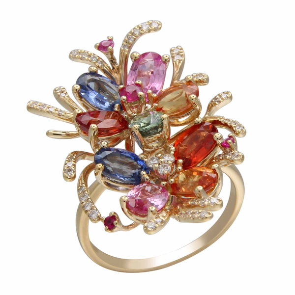 Closeup photo of 14K YELLOW GOLD DIAMOND AND MULTI COLOR SAPPHIRE RING