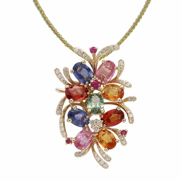 Closeup photo of 14K YELLOW GOLD DIAMOND AND MULTI COLOR SAPPHIRE PENDANT WITH CHAIN