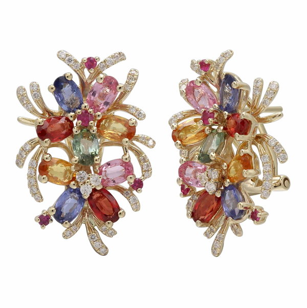 Closeup photo of 14K YELLOW GOLD DIAMOND AND MULTI COLOR SAPPHIRE EARRING