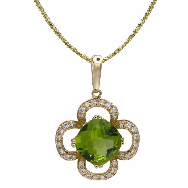 Closeup photo of 14K YELLOW GOLD DIAMOND AND PERIDOT PENDANT WITH CHAIN