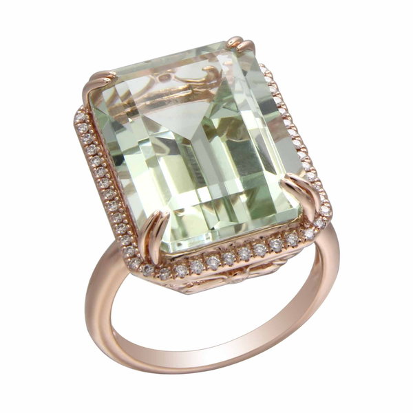 Closeup photo of 14K ROSE GOLD DIAMOND AND GREEN AMETHYST RING