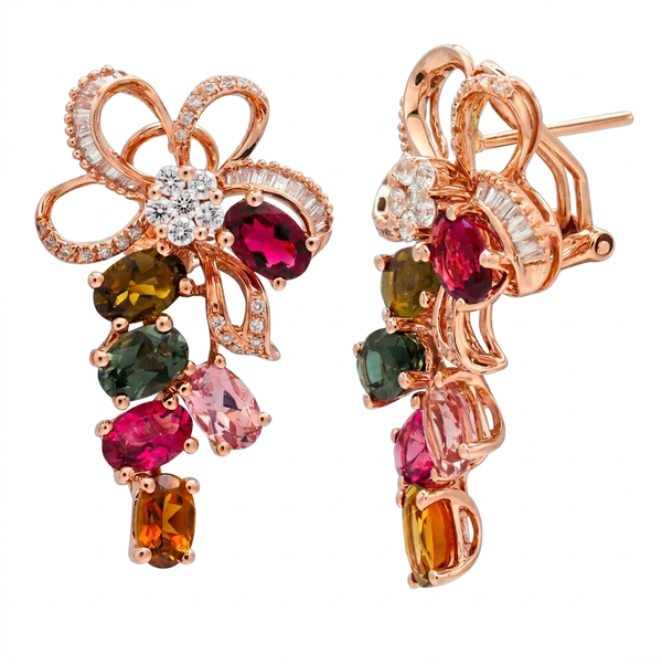 Closeup photo of 14K ROSE GOLD DIAMOND AND MULTI COLOR TOURMALINE EARRING