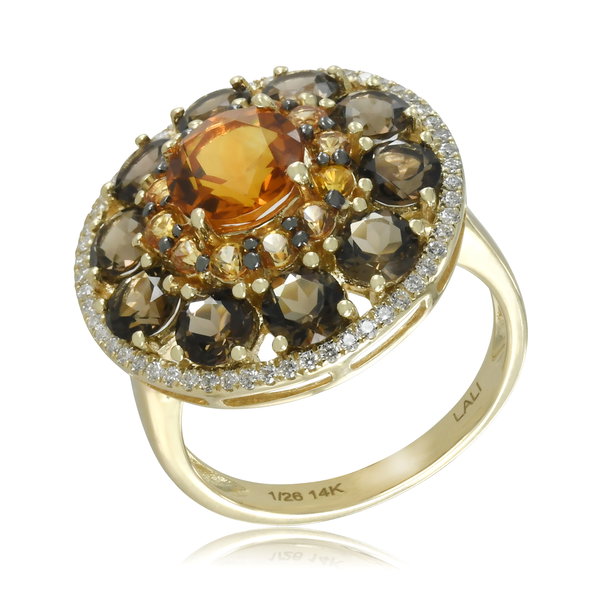 Closeup photo of 14K YELLOW GOLD DIAMOND, TREATED ORANGE SAPPHIRE, SMOKY QUARTZ, AND CITRINE RING