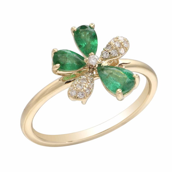 Closeup photo of 14K YELLOW GOLD DIAMOND AND EMERALD FLOWER RING