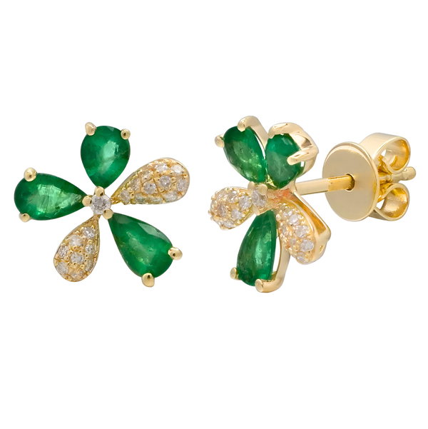 Closeup photo of 14K YELLOW GOLD DIAMOND AND EMERALD FLOWER EARRING