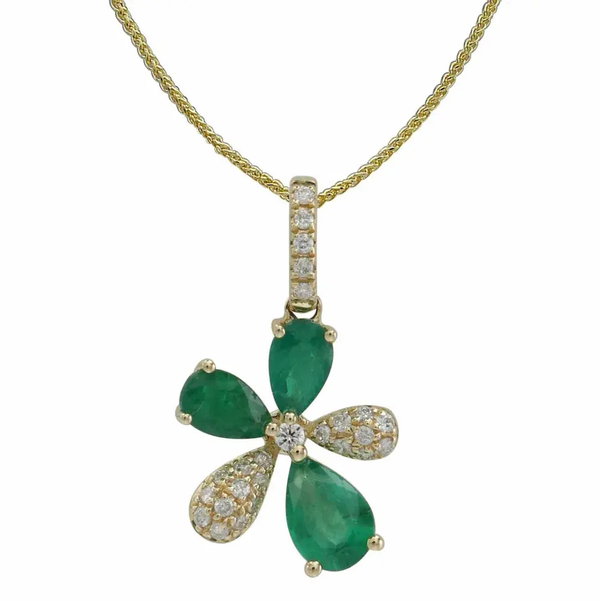 Closeup photo of 14K YELLOW GOLD DIAMOND AND EMERALD FLOWER PENDANT WITH CHAIN