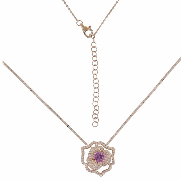 Closeup photo of 14K ROSE GOLD DIAMOND AND PINK SAPPHIRE FLOWER NECKLACE