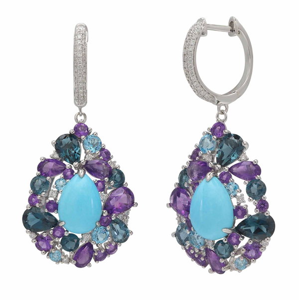 Closeup photo of 14K WHITE GOLD DIAMOND, MULTI COLOR GEM STONE, AND TURQUOISE EARRING