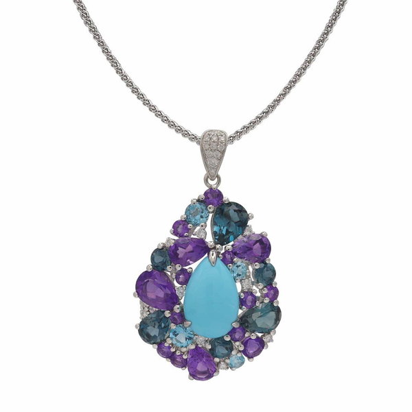 Closeup photo of 14K WHITE GOLD DIAMOND, MULTI COLOR GEM STONE, AND TURQUOISE PENDANT WITH CHAIN
