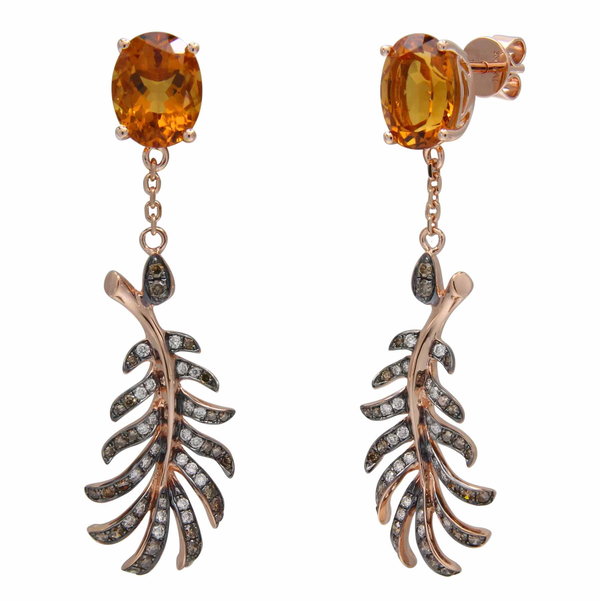 Closeup photo of 14K ROSE GOLD DIAMOND, BROWN DIAMOND, AND RED CITRINE EARRING