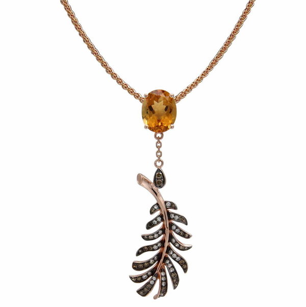 Closeup photo of 14K ROSE GOLD DIAMOND, BROWN DIAMOND, AND RED CITRINE PENDANT WITH CHAIN