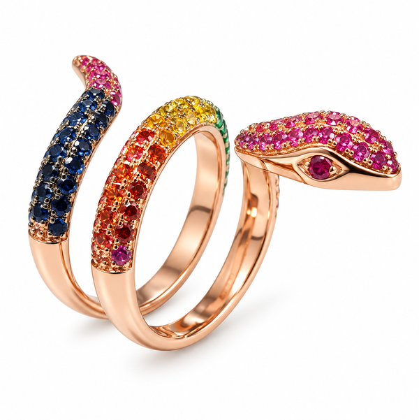 Closeup photo of 14K ROSE GOLD TSAVORITE, MULTICOLOR SAPPHIRE AND RUBY SNAKE RING