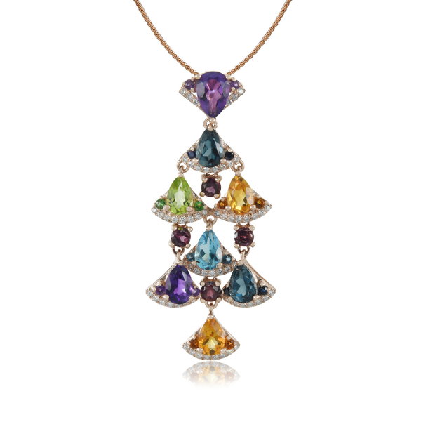 Closeup photo of 14K ROSE GOLD DIAMOND, SAPPHIRE, MULTICOLOR GEM STONES AND AMETHYST PENDANT WITH CHAIN