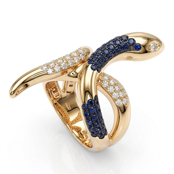 Closeup photo of 14K ROSE GOLD DIAMOND AND SAPPHIRE SNAKE RING