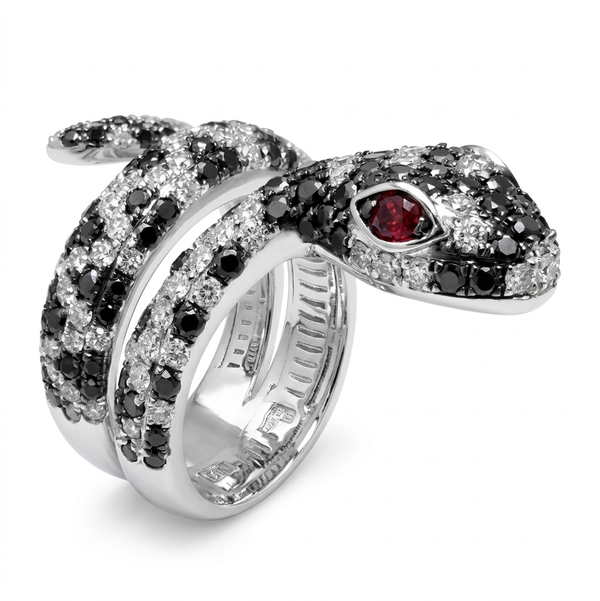 Closeup photo of 14K WHITE GOLD DIAMOND, TREATED BLACK DIAMOND AND RUBY SNAKE RING