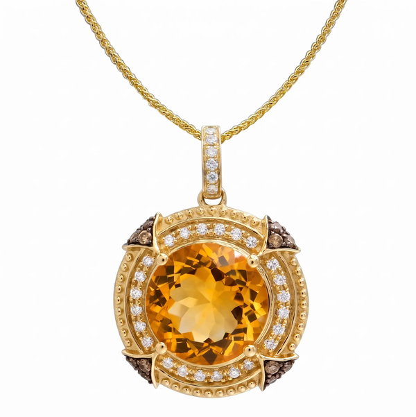 Closeup photo of 14K YELLOW GOLD DIAMOND, BROWN DIAMOND, AND CITRINE PENDANT WITH CHAIN
