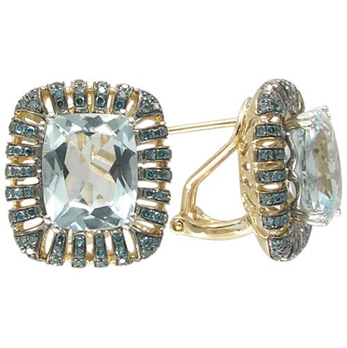 Closeup photo of 14K YELLOW AND WHITE GOLD TREATED BLUE DIAMOND AND AQUAMARINE EARRING