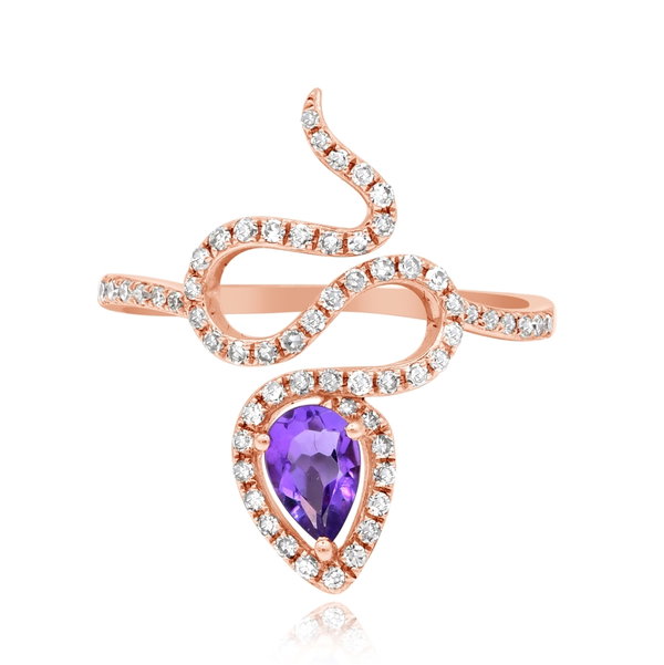 Closeup photo of 14K ROSE GOLD DIAMOND AND AMETHYST SNAKE RING