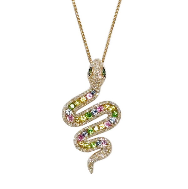 Closeup photo of 14K ROSE GOLD DIAMOND, TSAVORITE, AND MULTICOLOR SAPPHIRE SNAKE PENDANT WITH CHAIN