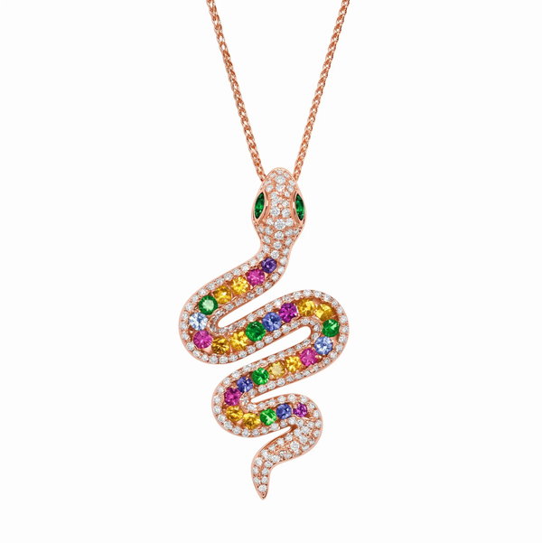 Closeup photo of 14K ROSE GOLD DIAMOND, TSAVORITE, AND MULTICOLOR SAPPHIRE SNAKE PENDANT WITH CHAIN