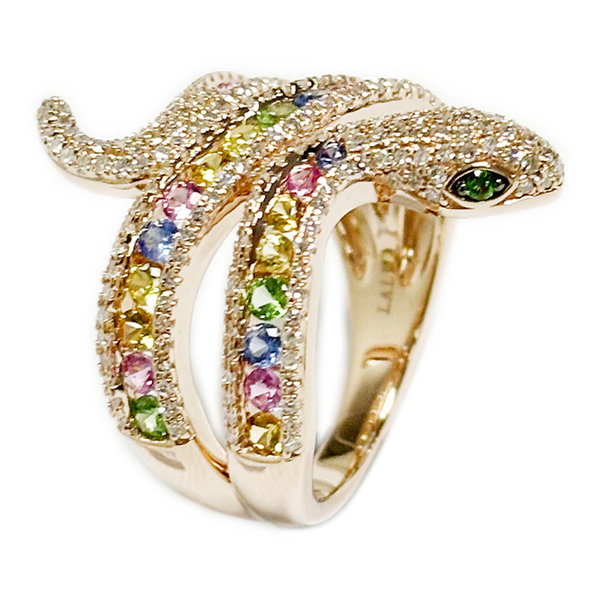 Closeup photo of 14K ROSE GOLD DIAMOND, TSAVORITE, AND MULTICOLOR SAPPHIRE SNAKE RING
