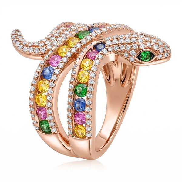 Closeup photo of 14K ROSE GOLD DIAMOND, TSAVORITE, AND MULTICOLOR SAPPHIRE SNAKE RING