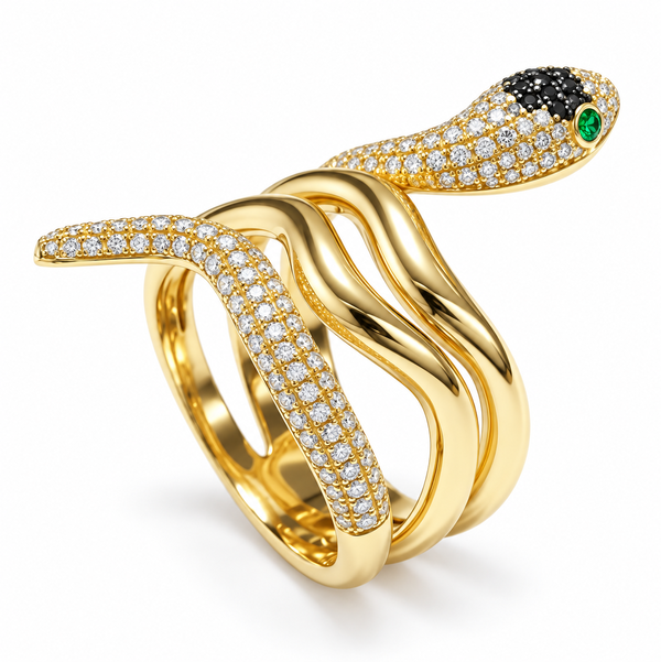 Closeup photo of 14K YELLOW GOLD TSAVORITE, DIAMOND AND TREATED BLACK DIAMOND SNAKE RING