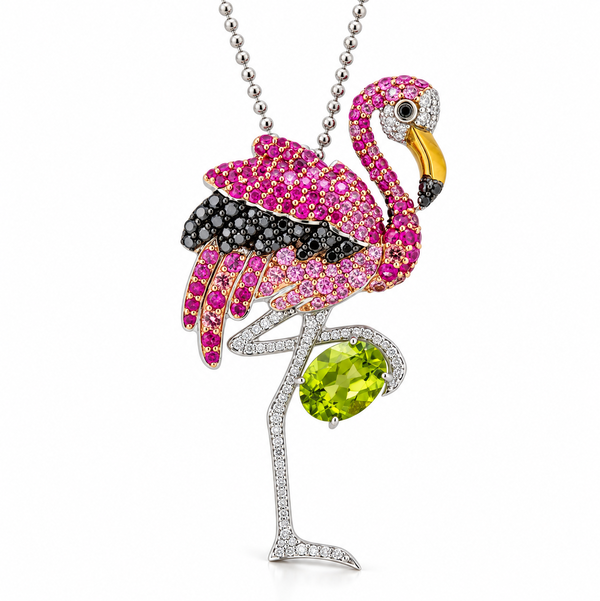 Closeup photo of 14K WHITE GOLD DIAMOND, TREATED BLACK DIAMOND, MULTICOLOR SAPPHIRE AND PERIDOT FLAMINGO PENDANT WITH CHAIN