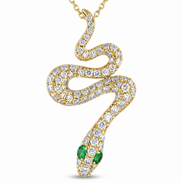 Closeup photo of 14K YELLOW GOLD DIAMOND AND TSAVORITE SNAKE PENDANT WITH CHAIN
