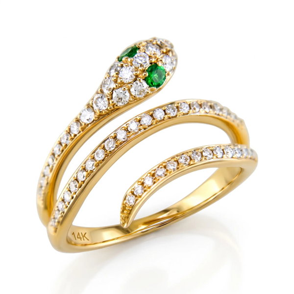 Closeup photo of 14K YELLOW GOLD DIAMOND AND TSAVORITE SNAKE RING