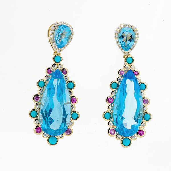 Closeup photo of 14K YELLOW GOLD DIAMOND, MULTICOLOR GEMSTONE AND SWISS BLUE TOPAZ EARRING