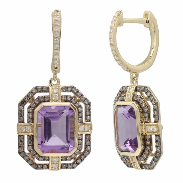 Closeup photo of 14K YELLOW GOLD DIAMOND, BROWN DIAMOND AND AMETHYST EARRING