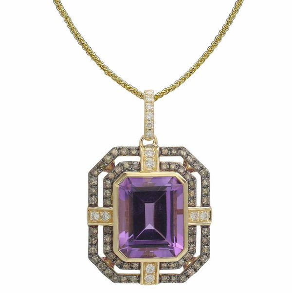 Closeup photo of 14K YELLOW GOLD DIAMOND, BROWN DIAMOND AND AMETHYST PENDANT WITH CHAIN