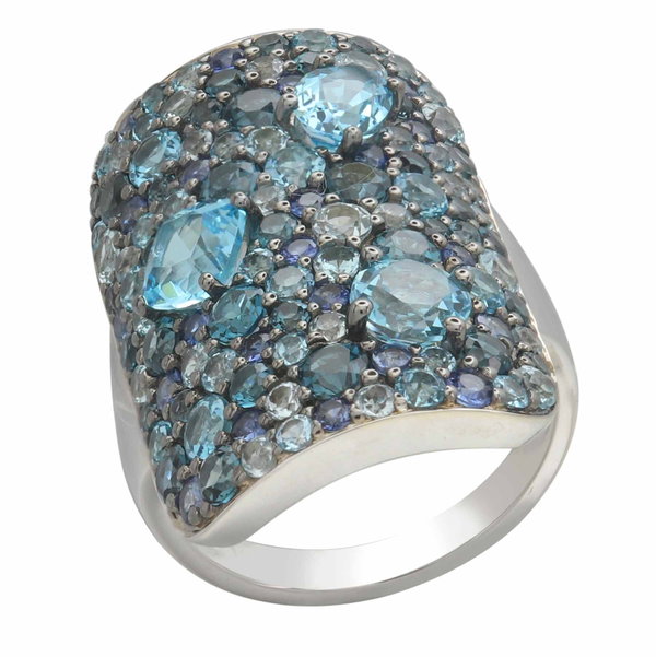 Closeup photo of 14K WHITE GOLD SAPPHIRE, SKY BLUE TOPAZ, LONDON BLUE TOPAZ AND SWISS BLUE TOPAZ RING