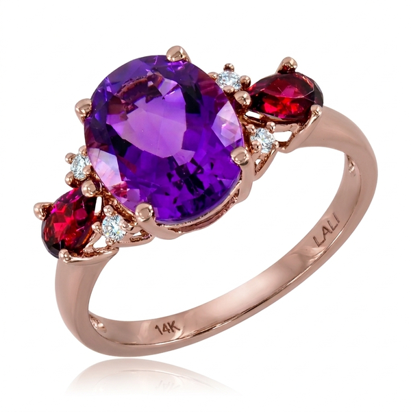 Closeup photo of 14K ROSE GOLD DIAMOND, RHODOLITE AND AMETHYST RING